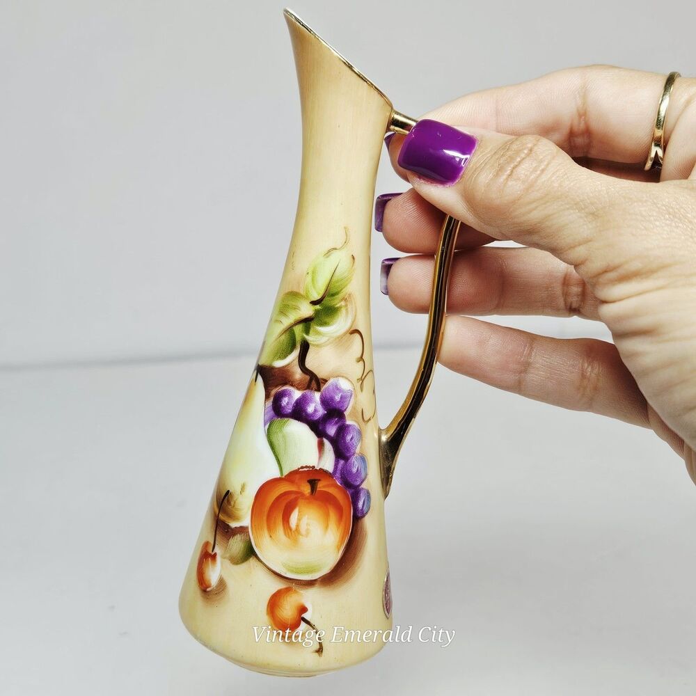 Vtg Lefton Heritage Fruit Ceramic Hand Painted Miniature Pitcher Bud Vase Gold